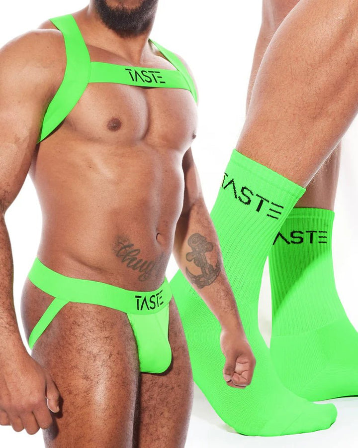 TASTE Neon Green Jockstrap, Harness & Socks Set