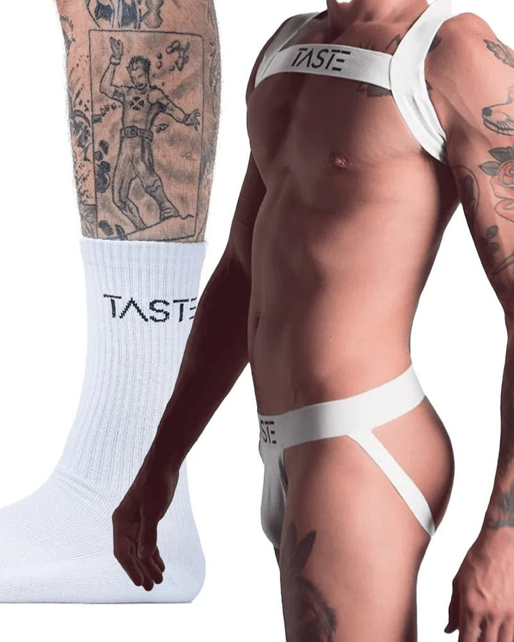 TASTE | Signature White Jockstrap, Harness & Socks Set